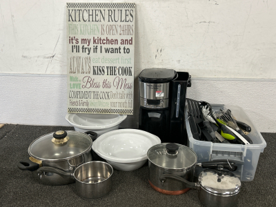 Crockpot Inserts, Hamilton Brack Coffemaker (Powers On), Stockpots In Various Sizes, Cooking Utensils & “Kitchen Rules” Sign