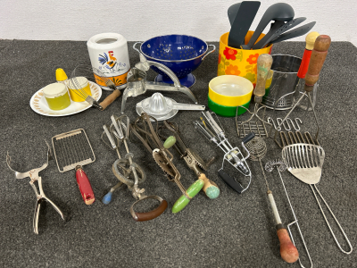 Vintage/Antique Cooking Utensils, Small Metal Colander, Plastic Cooking Utensils with Rests & More