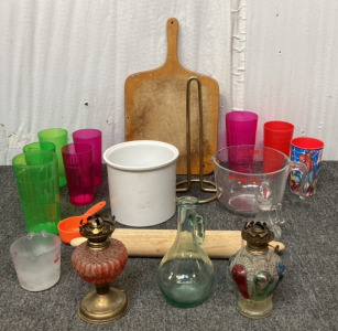 Wood Cutting Board, Plastic Colored Cups, Two Quart Pyrex Measuring Cup, One Cup GoodCook Measuring Cup, (2) Vintage Oil Lamps, Wood Rolling Pin & More