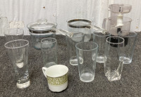 (2) Glass Pyrex Pots, (8) Glass Cups, Food Processor, Cherry Milkglass Cup, (1) Green & White Mug