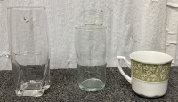 (2) Glass Pyrex Pots, (8) Glass Cups, Food Processor, Cherry Milkglass Cup, (1) Green & White Mug - 6