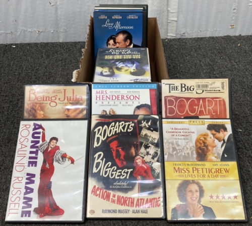 Box Of Movies Including Autie Mame, Miss Pettigrew Lives For. A Day, Being Julia, Mrs. Henderson Presents, Love In The Afternoon & More