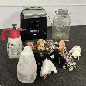 (11) Different Beanie Babies And Sizes, (2) Chemical Sprayers (One With Lid), (1) Polk Home Theatre Sub, (1) Cold Drink Glass Juice Dispenser