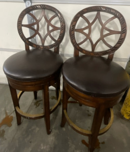 (2) Bar Stools, w/ Leather Seat & Decorative Backs