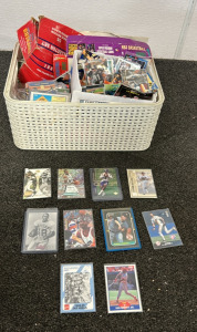 Basket Full Of Appropriately (800+) MLB, NBA, And NFL Cards Including Players Such As Ken Griffey Sr, Derek Jeter, Warren Moon, Roger Clemens, Cale Sayers And More