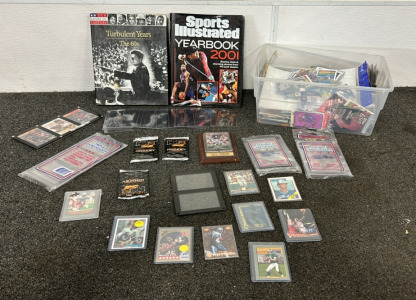 Box Full Of Approximately (300+) NBA, MLB And NFL Cards Including Players Such As Vince Workman, Jake Plummer, Earvin Johnson, Patrick Ewing, Jose Nunez And More, (1) 2001 Sports Illustrated Yearbook, Triple, And Double Cardholders And More