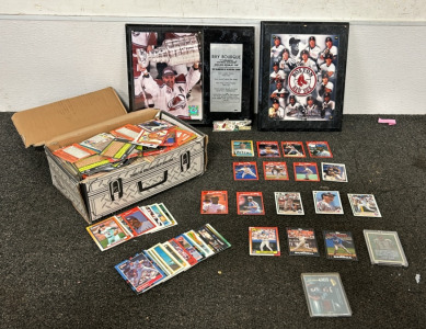 (1) Ray Bourque 2000-2001 Stanley Cup Plaque, (1) Boston Red Sox 1999 Plaque, (1) Box Full Of MLB And NFL Cards Including Players Such As Bob Welch, Angel Berroa, Mark Carreon, Joel Skinner, Andre Dawson, Billy Swift And More