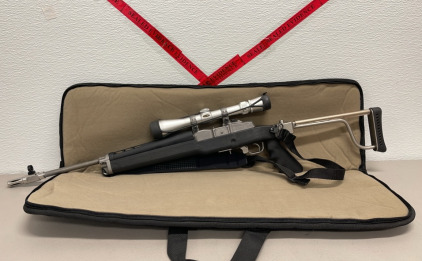 Ruger Mini 14 .223 Caliber Stainless Ranch Rifle W/ Folding Stock And Weaver Scope 2 x 10 And Zip Up Gun Bag