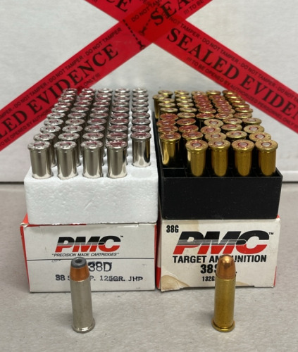 (50) Rounds PMC 38D 38SPL + P. 125 Grain JHP, (50) Rounds 38 SPL. 132 Grain FMJ Ammunition Cartridges