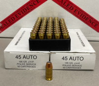 (100) Rounds 45 Auto 185 Grain JHP Police Issue Ammunition Cartridges