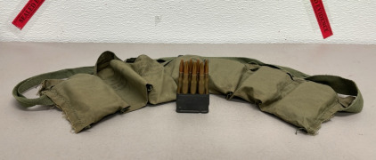 (1) Miltary Ammunition Belt W/ (7) Ammo Magazines And (56) Rounds Of 30-06 Ammunition Cartridges