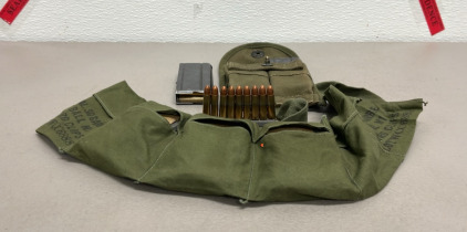 (1) Miltary Ammunition Belt W/ (7) Ammo Magazines W/ (69) Rounds Of 30 Cal Ball M1 Ammunition Cartridges, (1) Military Belt Ammunition Holster W/ (2) 20 Shot Magazines Of .30 Caliber Ball M1 Ammunition Cartridges