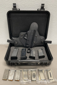 (1) Aliengear Black Pistol Holster, (8) .25 Caliber Magazines W/ 3 loaded, (2) Springfield Armory 45 ACP Magazines, (1) Springfield Armory 40 SW Magazine, (1) 9 mm Magazine, (1) Springfield Armory Pistol Case