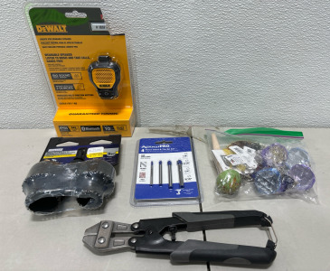 (1) Dewalt Jobsite Pro Wearable Speaker (1) Carbon Steel Hole Saw Set (1) 4-Piece Glass and Tile Bit Set (1) 8” Metal Cutter and More