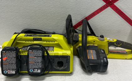 Ryobi 18V Chainsaw 8" with battery. . Ryobi P135 One Plus 18V Battery Charger (3) batterys