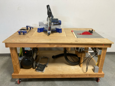 Solid Custom Handbuilt Rolling Work Bench- 74” L x 41” W x 37” T-Build In Bosch Table Saw, Husky 8 Gal 135 PSI Air Compressor (With Hose And Accessories), And Kobalt 10” Miter Saw; Numberous Built In Power Plugs