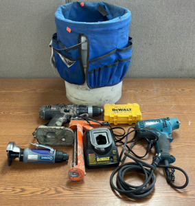 Bucket of Tools with Kobalt Air Powered Grinder(unable to test), Makita GV5010 (works), DeWalt NiCd Charger(works), DeWalt Empty Drill Bits Case, Craftsman Drill/Driver(unable to test), and Caulk Gun
