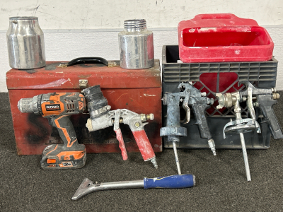 Red Metal Toolbox, Paint Sprayers (3), Paint Cans (2), Ridgid 18v Cordless Drill With Battery, QEP Scraper Handler & Paint Funnel