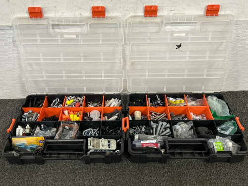 (2) HDX Stacking Organizers With A Variety Of Hardware Including Nuts, Bolts, Plastic Wall Anchors & More!