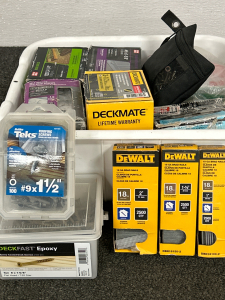 Tub Of Various Fasteners Including DeWalt 18 Gauge 1”/1-1/2”/2” Brad Nails, Star Drive Coated Screws, Galvanized Fence Staples, Roofing Screws & More!