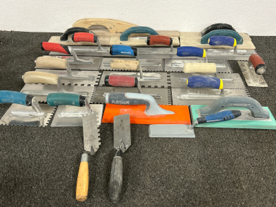 Tote Of Various Trowels With Different Grooves & Sizes Plus Grout Floats