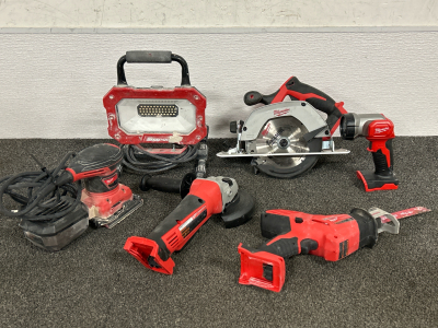 (5) Milwaukee Power Tools: Electric Palm Sander, Cordless: Grinder, Hackzall Reciprocating Saw, Circular Saw With Rip Fence & Flashlight (All Tested & Work) (1) Snap-On Electric Work Light (Tested-Works)