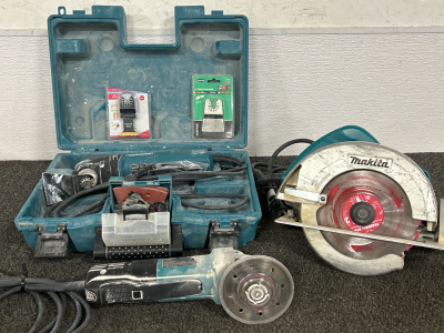 (3) Makita Power Tools: Oscillating Multi-Tool With Extra Blades, Sandpaper & Case, 7-1/4” Circular Saw & 4-1/2” Paddle Switch Angle Grinder