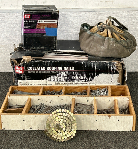 Collated Roofing Nails, Wood Organizer Box Of Nails In Various Sizes/Thickness, Box Of General Purpose Screws & Canvas Cinch Pouch of Screws In A Variety Of Sizes/Thickness (Quantities Unknown On Nails & Screws)