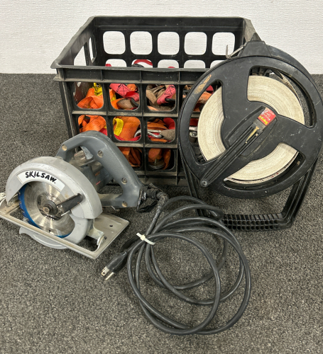 Milk Crate With Tie Downs, Tape Measure Wheel (Length Unknown) & 5-1/2” Skilsaw Circular Saw Model HD5510