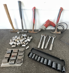 (4) Hammers, Milwaukee Drill, (4) Socket Wrench, & A Variety Of Socket