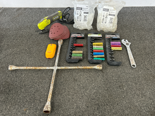 Ryobi Detail Sander, 4 Lug Wrench, Velcro Sanding Discs, Partial Socket Sets (SAE/Metric), Curved & Flat ‘A’ Tile Leveling Clips, Crescent Wrench & Stud Finder