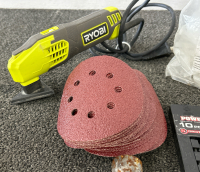Ryobi Detail Sander, 4 Lug Wrench, Velcro Sanding Discs, Partial Socket Sets (SAE/Metric), Curved & Flat ‘A’ Tile Leveling Clips, Crescent Wrench & Stud Finder - 4