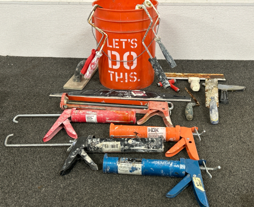 Caulk Guns, Paint Brush Roller Handles, Spreaders & 5 Gallon Bucket