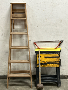 6’ Wood Ladder, 24” Bow Saw, Sledge Hammer & (2) Olastic Folding Sawhorses