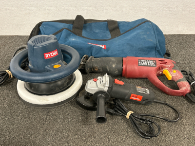 Ryobi Tool Bag With Ryobi Buffer, Chicago Electric Reciprocating Saw & Drill Master Grinder