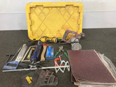 (1)Chicago-Electric Power Tool (1) Small Hatchet (1) C-Clamp (1) Storage Tote &More