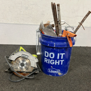 Bucket Of Tools With Plug In Ryobi Skillsaw