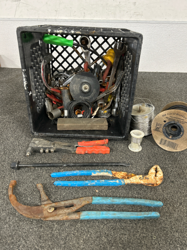 Milk Crate Of Assorted Tools & Wire