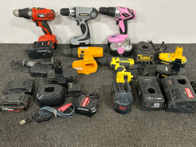 Assorted Cordless Drills, Batteries & Chargers