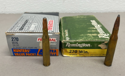 (24) Federal 270 Win 150 Grain Hi-Shok Soft Point RN Centerfire Ammunition Cartridges, (20) Remington 270 Win 130 Grain Core-Lokt Pointed Soft Point