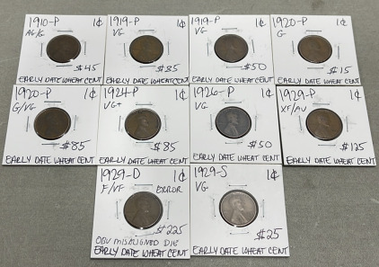 (10) Wheat Pennies Dated Between 1910 - 1929