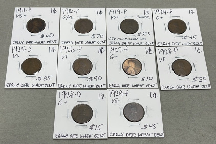 (10) Wheat Pennies Dated Between 1911 - 1929