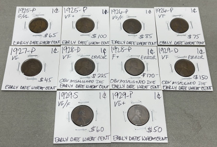 (10) Wheat Pennies Dated Between 1925 - 1929