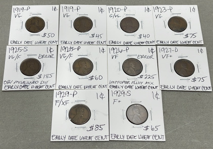 (10) Wheat Pennies Dated Between 1919 - 1929