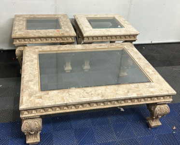 (2) 30’’ x 30’’ x 24’’ Marble Style End Tables W/ Glass Centerpiece, (1) 54’’ x 42’’ x 20’’ Marble Style Coffee Table With Glass Centerpiece