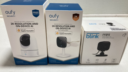 (2) Eufy Indoor Security Cameras, (1) Blink Mini Indoor Security Camera