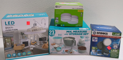 (1) LED Multi Function Light/Fan (1) 2pk 5" LED Flush Mount Lights (1) 23pcs Mix, Measure & Storage Set & More!