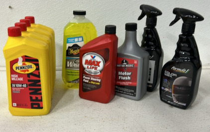 (4) 1 Qt High Mileage 10W-40 Motor Oil, (2) 23oz Formula 1 Color Wax Spray, (1) 1 Qt High Mileage Power Steering Fluid, (1) 48Oz Hybrid Ceramic Wash And Wax, (1) 1 Qt Motor Flush