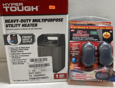 Hyper Tough Utility Space Heater, (2) Pack of 2 Rechargeable Hand Warmers