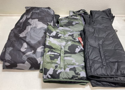 Black Camo Snow Pants Size 3XL, (2) Vests Size XL